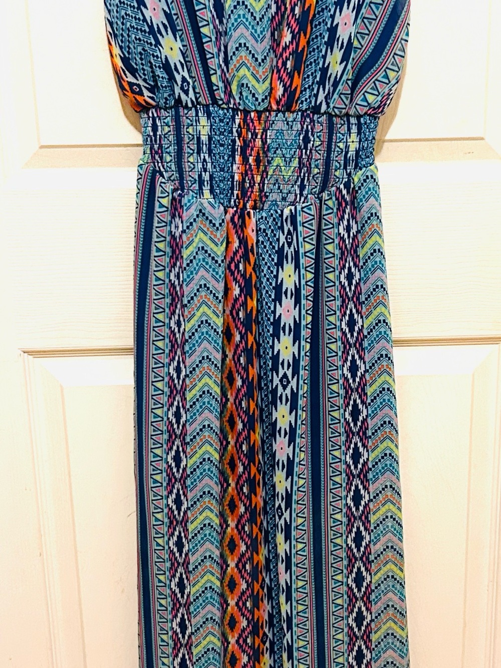 Fire Los Angeles Geometric Print Maxi Dress in Blue with Orange and Pink Accents